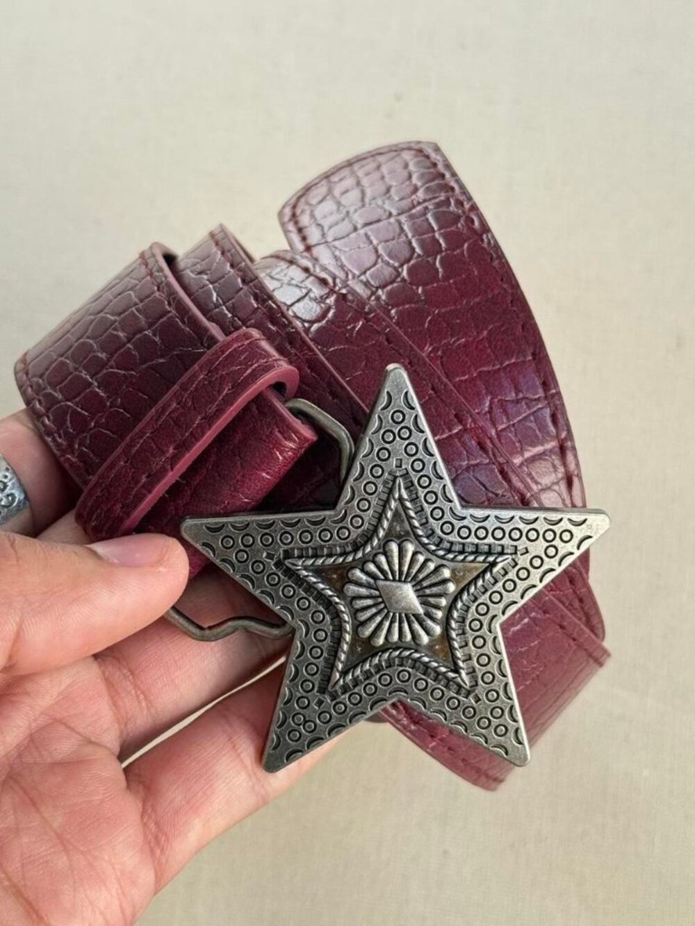 Burgundy Croc-Embossed Faux Leather Belt with Silver-Tone Star Buckle